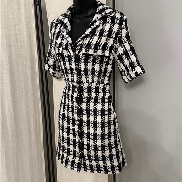 Maje Ricky Tweed Black White Houndstooth Mini Collar Shirt Mini Dress 36 - Picture 11 of 15